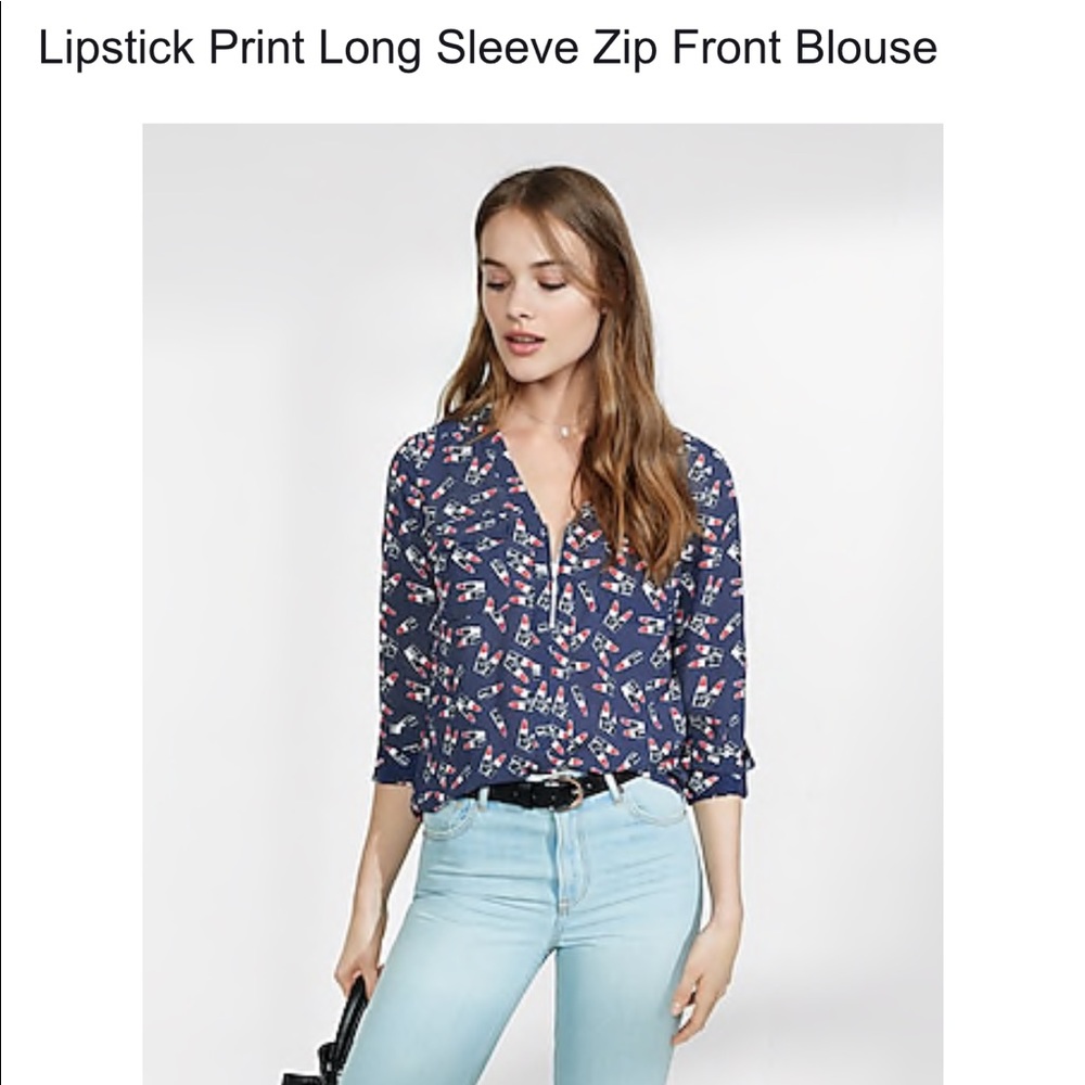 Express navy lipstick and polka dot blouse